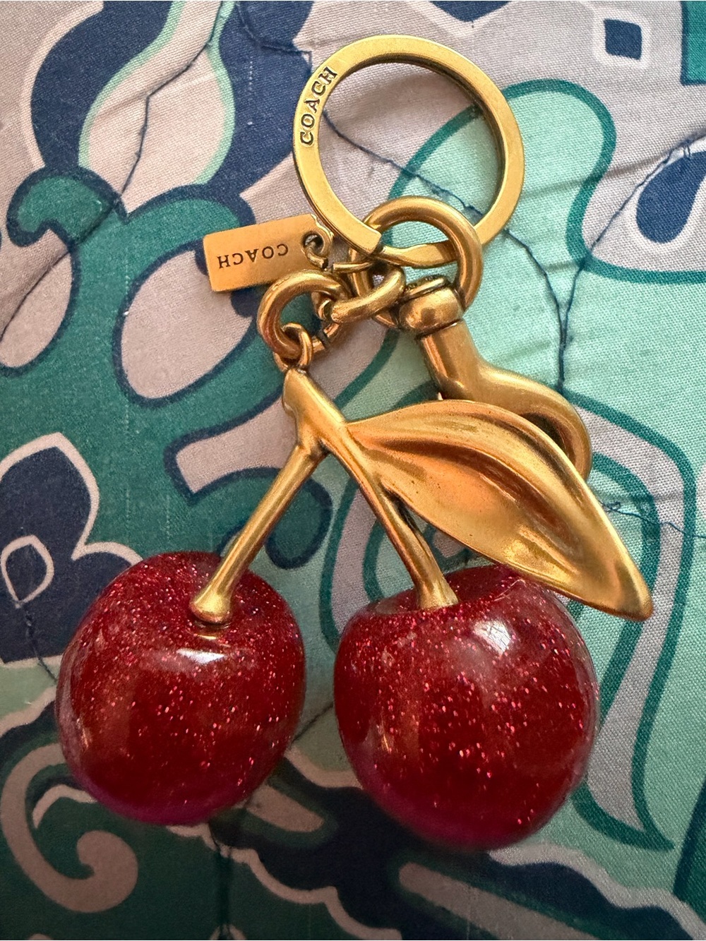 COACH Gold-Tone Red Glitter Cherry Keychain Bag Charm